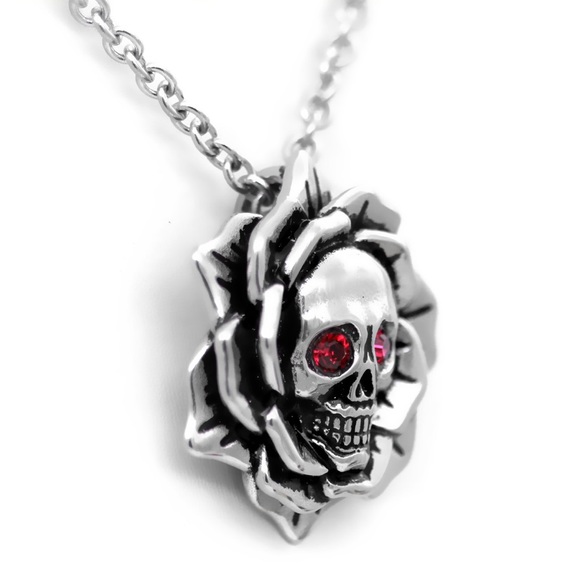 SKULL ROSE BIRTHSTONE NECKLACE WITH SWAROVSKI CRYSTAL - Garnet - Picture 1 of 5